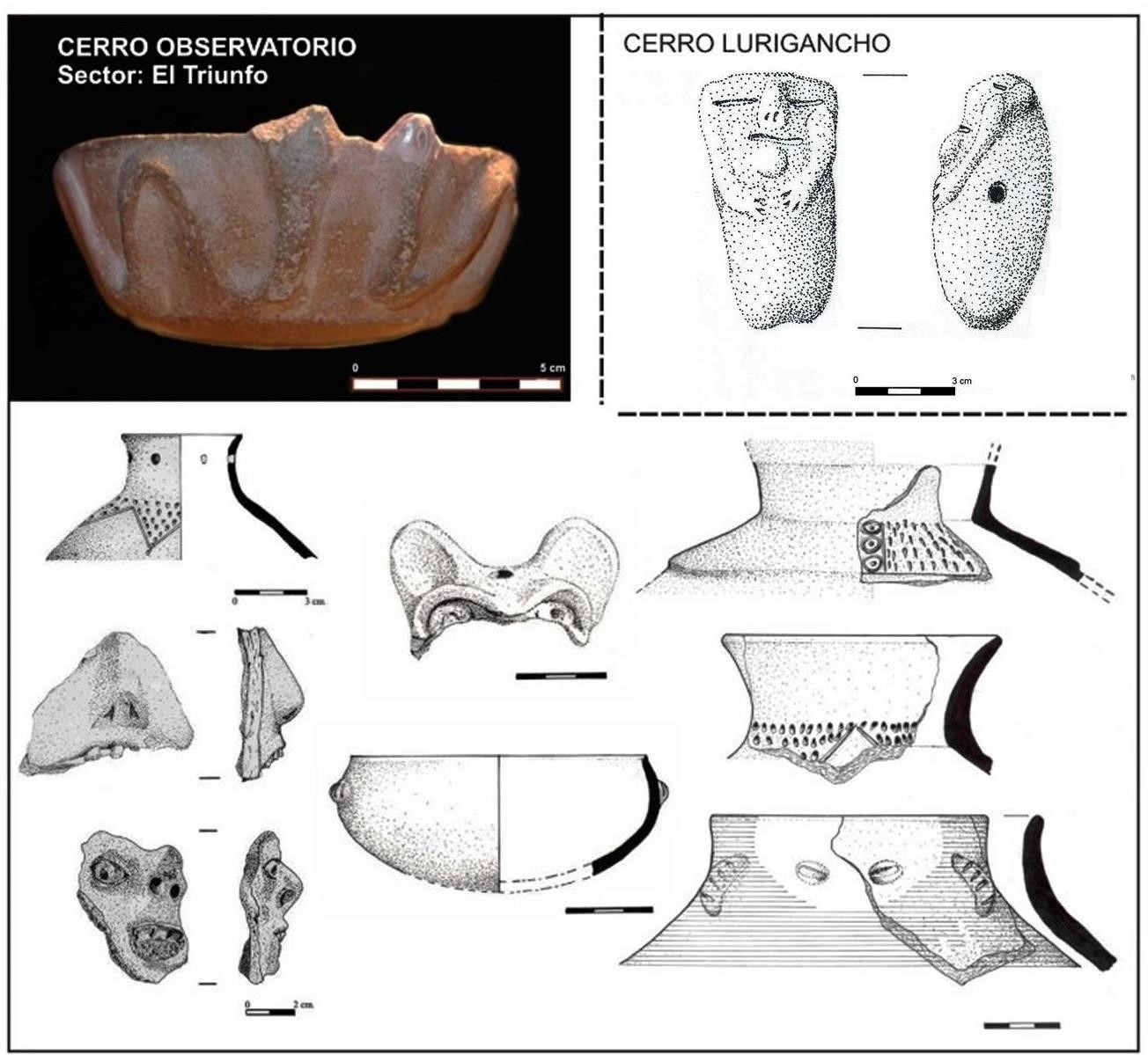Diversos fragmentos de cerámica provenientes de El Triunfo y figurina de Cerro Lurigancho