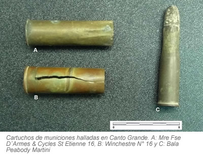 Cartuchos de municiones halladas en Canto Grande