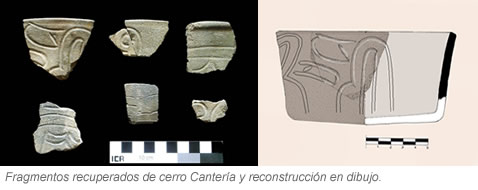 Fragmentos recuperados de cerro Cantería y reconstrucción en dibujo