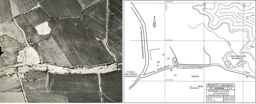 Foto aérea vuelo 1944 y plano que da cuenta de la zona de hallazgos