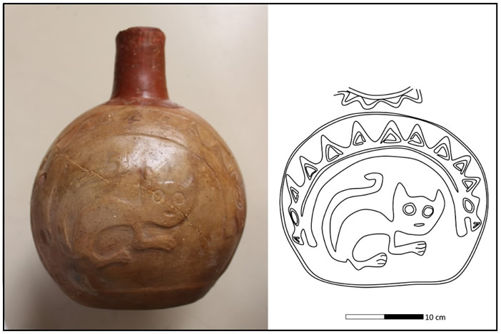 Vista frontal de vasija estilo Pativilca encontrada en El Sauce, así como detalle de diseño