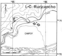 Podemos observar el curso del canal de riego, el antiguo camino, el sitio Fortaleza de Campoy (A) y los desaparecidos montículos (B)