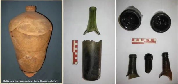 Una botija antigua y botella en técnica del soplado encontradas en nuestro distrito, ambos para almacenar vino