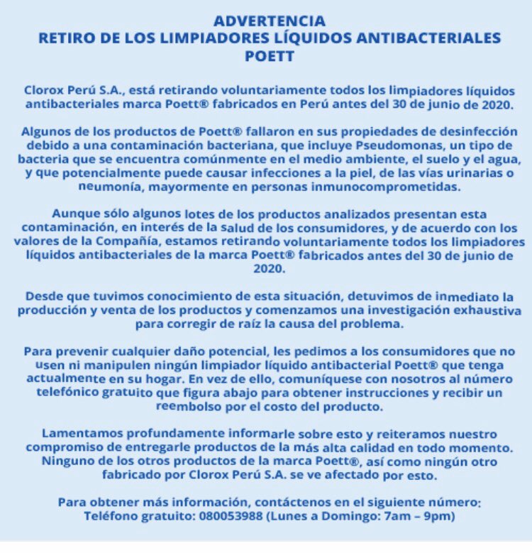 Comunicado de Clorox Perú