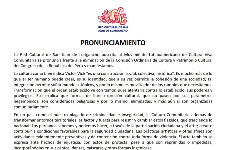 Rechazan eliminación de la Comisión de Cultura del Congreso y advierten grave retroceso