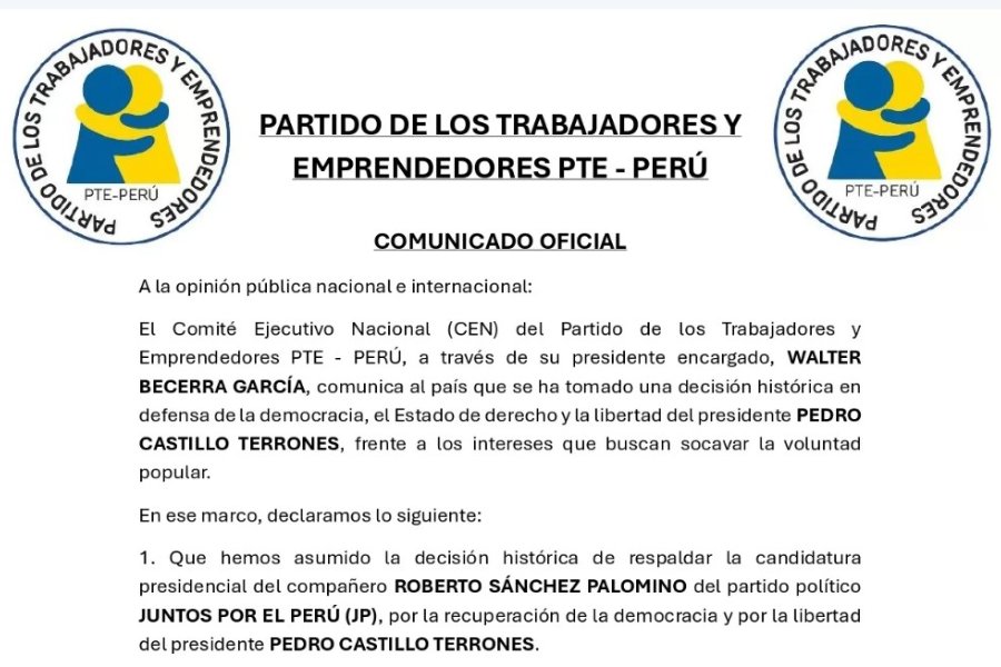 PTE anuncia respaldo oficial a Roberto Sánchez tras trágica partida de Napoleón Becerra