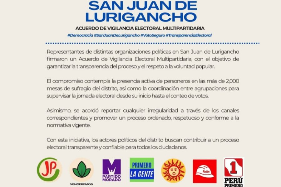 Partidos políticos firman acuerdo histórico de vigilancia electoral en San Juan de Lurigancho