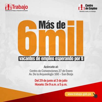 Más de 6 mil vacantes de empleo se ofrecerán en la feria laboral organizada por el MTPE