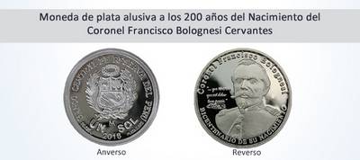 Monedas de un sol con imagen del Coronel Francisco Bolognesi