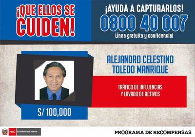 Gobierno ofrece S/ 100.000 de recompensa por Alejandro Toledo