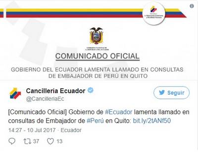 Ecuador ´lamenta´ que Perú llame a su embajador por el muro fronterizo