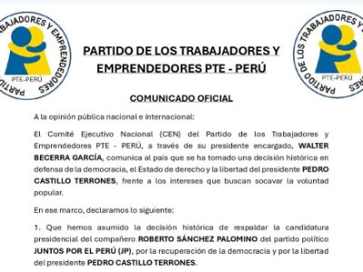 PTE anuncia respaldo oficial a Roberto Sánchez tras trágica partida de Napoleón Becerra